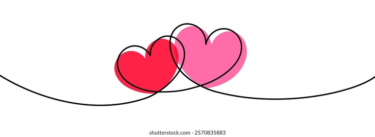 Valentines Day border, red and pink heart banner, line art