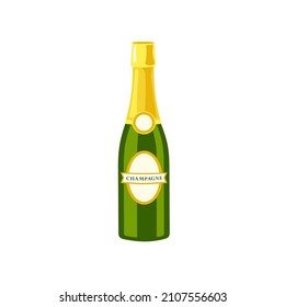 Valentine's Day. A Bottle Of Champagne To Celebrate The Holiday. Icon, Clipart For Greeting Cards, Blog, Congratulations To A Loved One. Vector Flat Illustration, Cartoon Style.