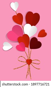 Valentines day bouquet of hearts on the glitter ribbon.
