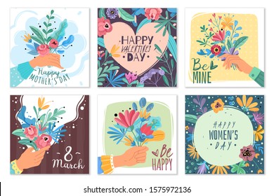 Valentines day bouquets. Mothers day holiday gift with flowers bunches, hands holding bouquets happy day romantic greeting vector spring floral frame cards