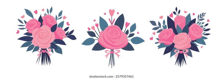 Valentine's Day bouquets with roses, Isolated on white background. In simple flat art style. Romantic vector illustration.