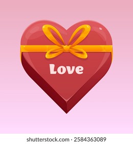 Valentine's Day box in the shape of a heart with an orange yellow bow. Gift box with text. Cartoon style.