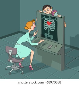 At Valentine's Day a boy comes to his girlfriend at X-ray observe which shows heart falling in love in his breast