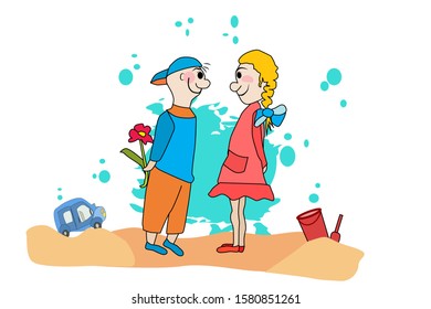 Valentine's day. Boy congratulates girl. Cartoon nice couple in love isolated on white background. Valentine's Day romantic people in love.Little boy giving flower to girl. Stock vector in flat style