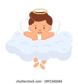 Valentine's Day. A boy Cupid with a halo over his head lies on a cloud. Can be used on postcards, websites, web banners.