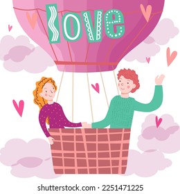 Valentine's day boy and girl couple in love by hot air balloon.