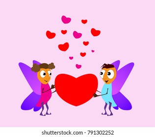 Valentine's Day. Boy and girl elf. Love cards. Red and pink fhearts. Vector illustration background. butterfly cartoons