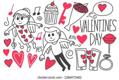 Valentines day boy and girl flying, doodle, card, wedding