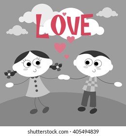 Valentine's day. Boy and girl with hearts isolated on  background. Cartoon. For kids