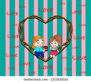 Valentine's Day. Boy and girl are sitting on the heart. Boy gives a flower. Girl is happy. Around is love.