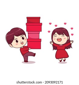 Valentines day boy giving gifts cute couple kawaii chibi character design