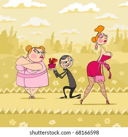 At Valentine's Day boy presents a gift to his fat girlfriend, and in the same time another sexy girl is walking near them.