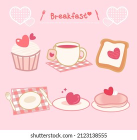 Valentine's day breakfast, coffee, tea, toast, dessert, cake, cutlery set and dessert combination, hand drawn style