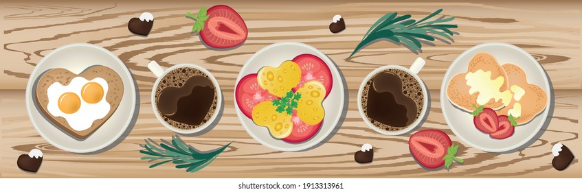
Valentine's day breakfast. Food for the holiday. Romantic breakfast for lovers. Scrambled eggs, pancakes, cheese and coffee. Vector illustration.