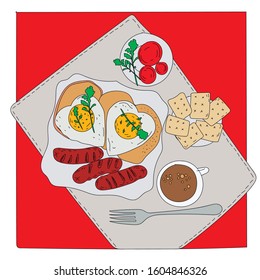 Valentine's day Breakfast for lovers: heart-shaped scrambled eggs with vegetables and herbs. Vector drawing.