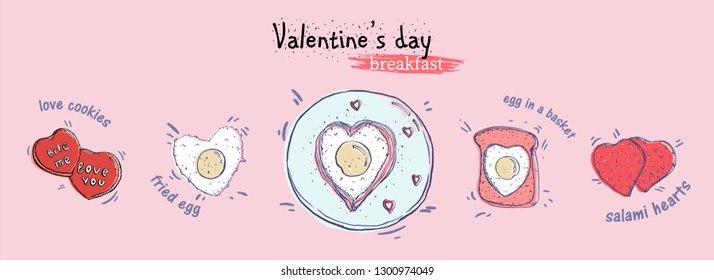 Valentine's day breakfast top view hand drawn illustration in cartoon style on pink background. Heart shape food elements for flat lay design in pastel tender colors.
