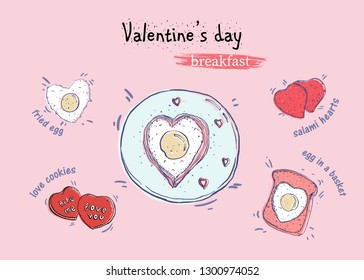 Valentine's day breakfast top view hand drawn illustration in cartoon style on pink background. Heart shape food elements for flat lay design in pastel tender colors.
