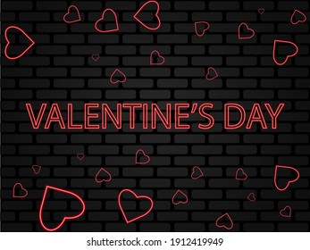 Valentine's Day. brick background with neon hearts