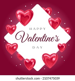 Valentines Day. Bright Banner With Shiny Realistic Balloons In The Shape Of A Heart. For Advertising Banner, Website, Poster, Sale Flyer