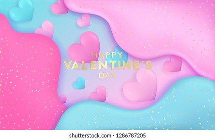 Valentine's day bright futuristic horizontal colorful background with 3D abstract liquid layers paper cut waves realistic love hearts. 14 february vector design layout for banners, posters, wallpapers