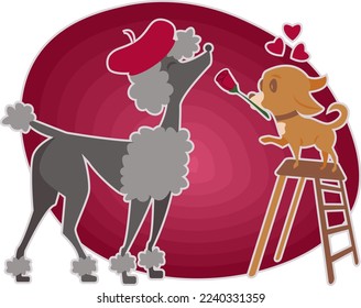 Valentines day bright greeting card with poodle and chihuahua fall in love
