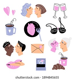 Valentine's Day. Bright vector flat  set of elements for decor for Valentine's Day in cartoon style. 
Couples of different genders, ages, races and orientations, romantic dinner, wine, underwear.