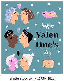 Valentine's Day. Bright vector flat   poster with elements for Valentine's Day in cartoon style. Couples of different genders, ages, races and orientations, romantic, wine. Lovers. Festive poster.