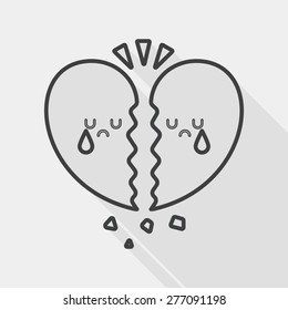 Valentine's Day Broken Heart Flat Icon With Long Shadow, Line Icon