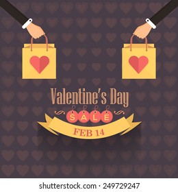 Valentine's Day Brown Retro Style Advertising and Sale Website Banner. Hand hold Shopping Basket 