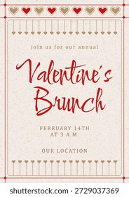 Plantilla de Vector de invitación de brunch de San Valentín. Frontera art deco con corazones. Trazo editable. Diseño para publicaciones sociales, folletos y Anuncios.