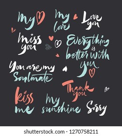 Valentine's day brush calligraphy in pink and blue
