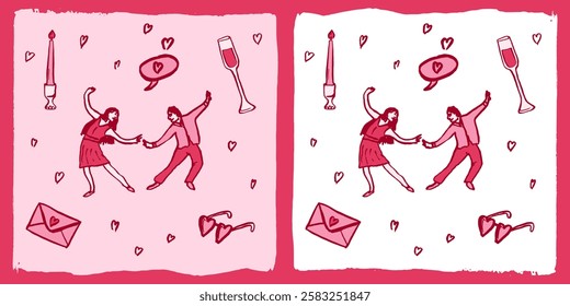 Valentines Day brush Illustration red and pink, love letter couple dance