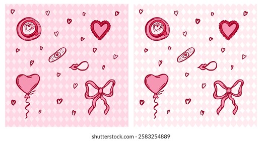 Valentines Day brush Illustration red and pink, ribbon, coffee