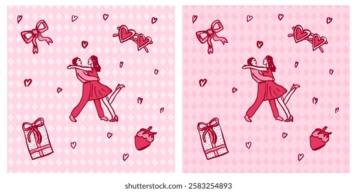 Valentines Day brush Illustration red and pink, couple dance and hugs