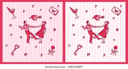 Valentines Day brush Illustration red and pink, couple dance, cocktail