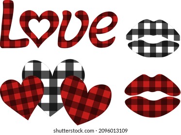 Valentine's day buffalo plaid print. Heart lips vector illustration
