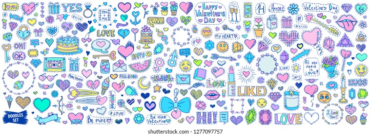 Valentines day bundle. Love doodles set. Hearts sketches. Valentines Day patch badges.Romantic sketches. Wedding and marriage. Love patch badges. Emoticons. Stickers bundle. Love and romance emoji.