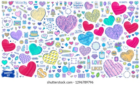 Valentines day bundle. Love doodles set. Hearts sketches. Cartoon hearts. Emoji. Valentines Day stickers. Romantic sketches. Wedding and marriage. Love patch badges. Emoticons. Stickers.