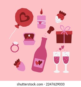 Valentines day bundle. Vector hand drawn collection of objects. A cute festive set of objects of pink and red color.