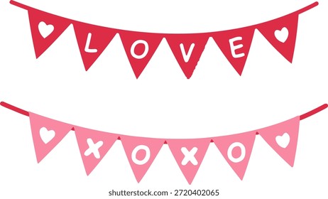 Valentinstag bunting Fahnen gesetzt mit Liebe und XOXO Text, romantische Party Girlande für Hochzeit und Jubiläum, einzelne Vektorgrafik