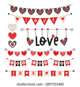 Valentine's day bunting with hearts. Wedding garland set. Party triangle flags for love. Pennant chain for outside. Vector illustration isolated on white background. 