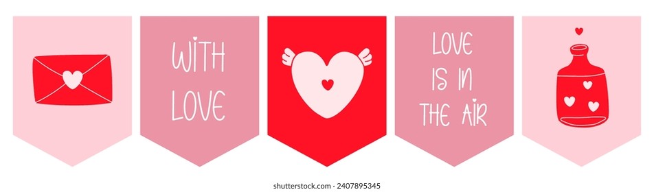 Valentine's Day bunting with love letter,Cupid heart,love potion on white background.Paper garland for holiday decoration on February 14th