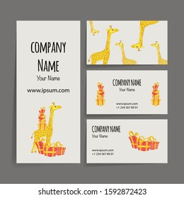 Valentine's Day business card with a giraffe. Cartoon style. Vector illustration