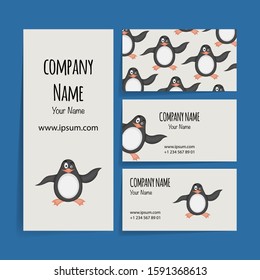 Valentine's Day business card with a penguin. Cartoon style. Vector illustration.