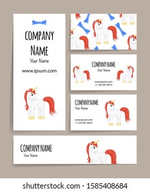 Valentine's Day business card with an unicorn. Cartoon style. Vector illustration
