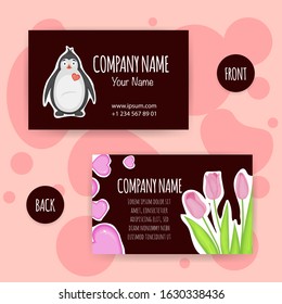 Valentine's Day business cards with cute penguin. Cartoon style. Vector illustration