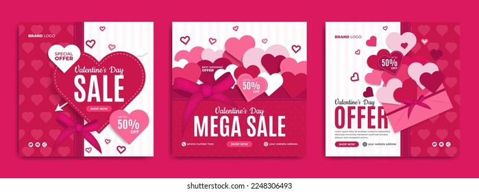 Valentine's day business marketing social media banner post template. Valentine day celebration web poster background decoration with ornament. Online sale promotion flyer with heart or love balloon.