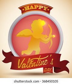 Valentine's Day button with a golden Cupid and red ribbons with golden greeting message.