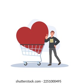 Valentine's Day, buying love concept. big red heart in a shopping cart and man is thumb up. 