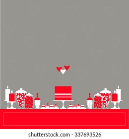 Valentine's Day cake and sweet table. Vector illustration